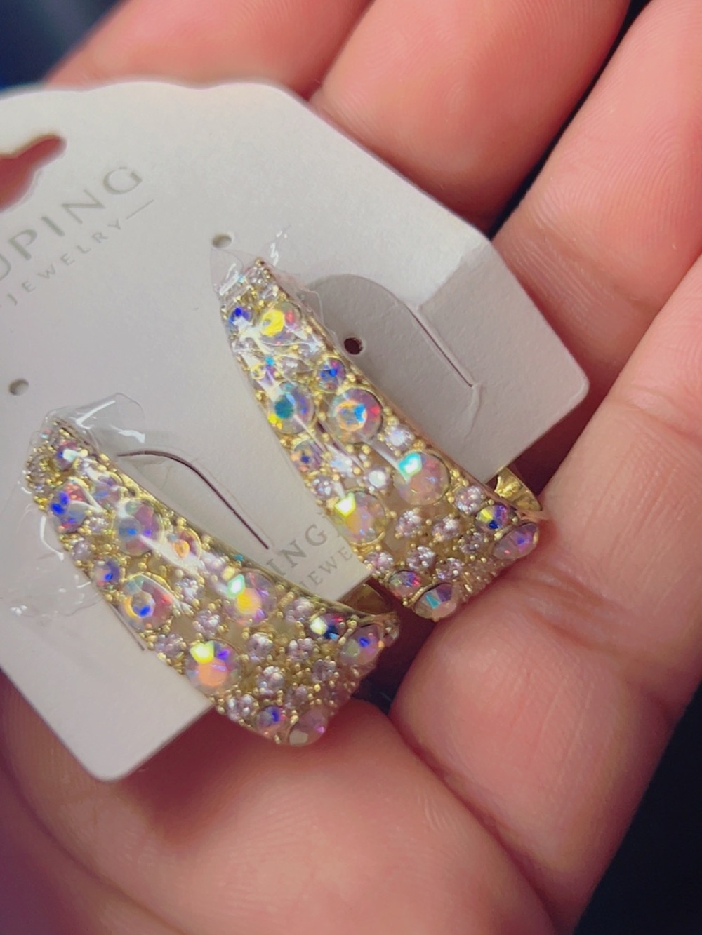 Gold Crystal Drop Earrings with Iridescent Accents